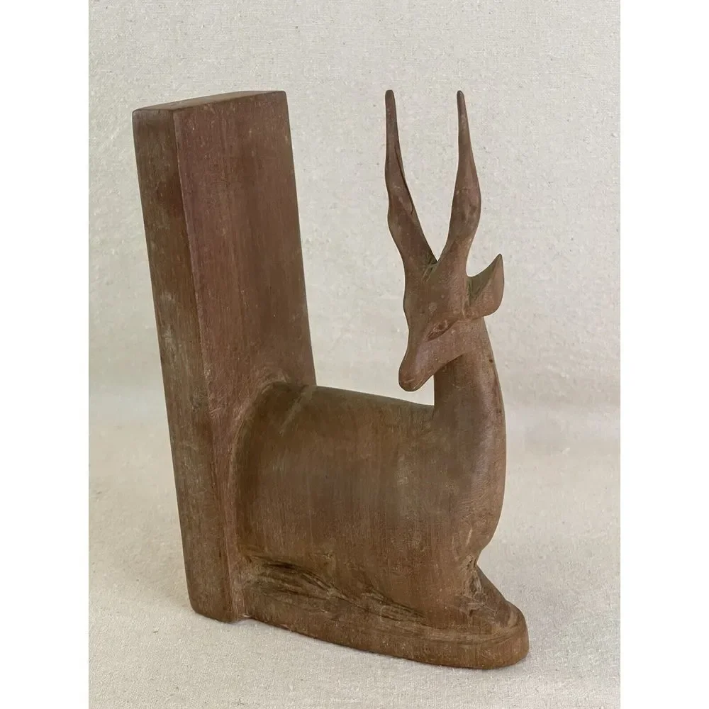 Mid-Century Decor Wood Deer Bookend (1) Hand Carved Antelope Gazelle Heavy Solid